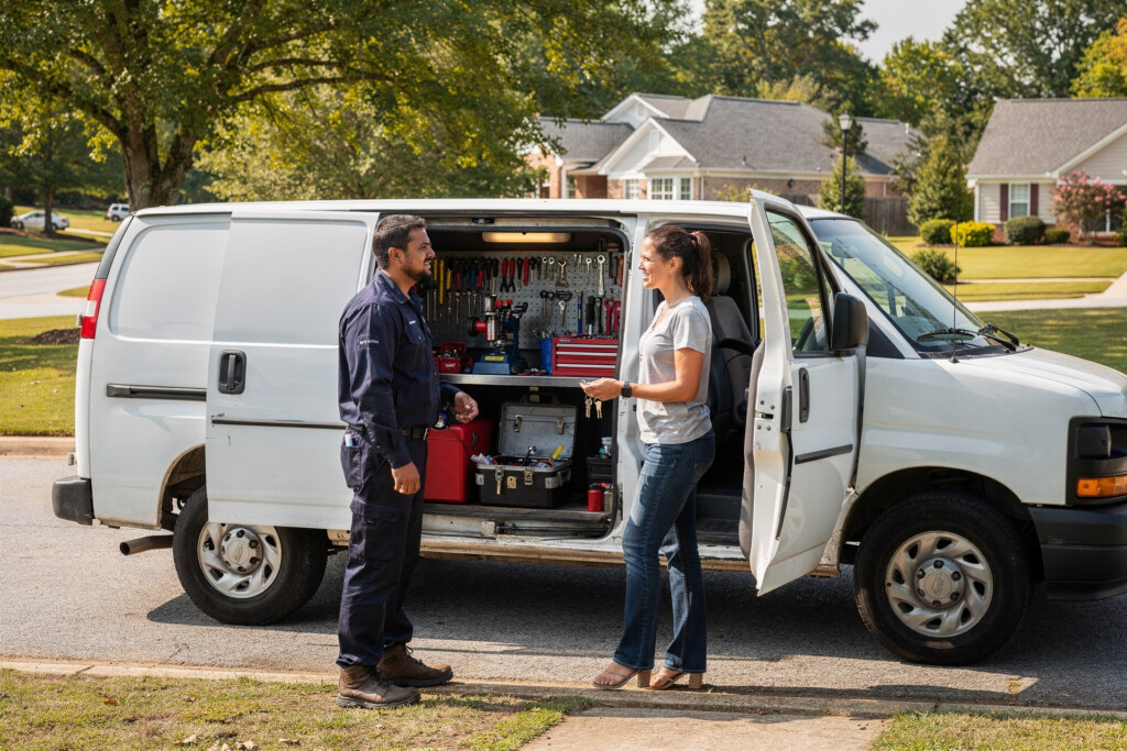 Mobile locksmith service van assisting a customer in Charlotte, NC