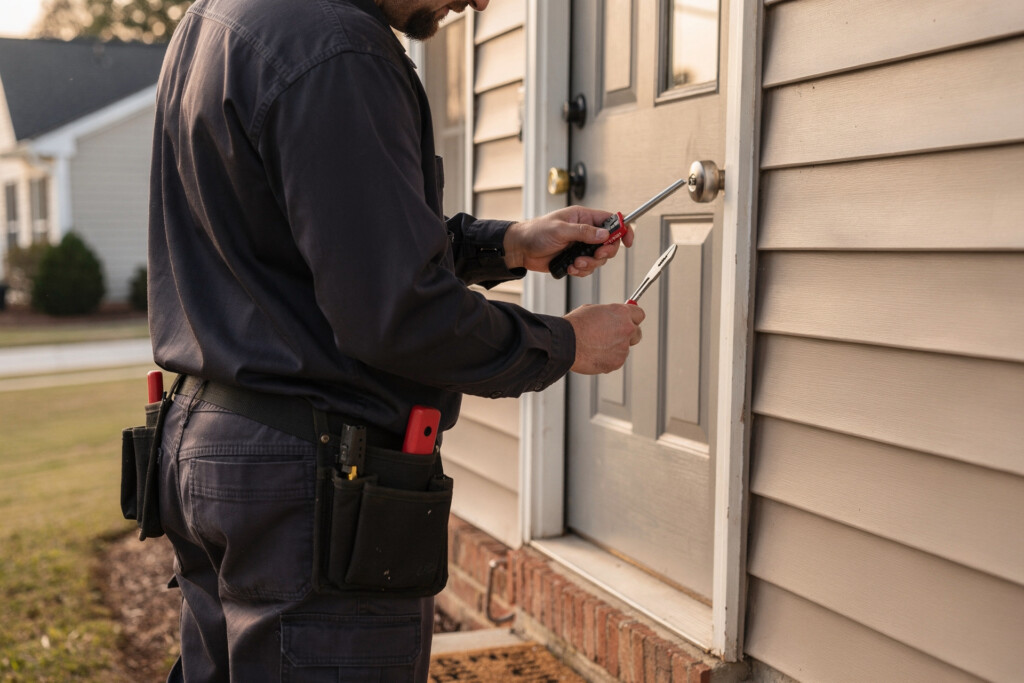 Locksmith rekeying a residential door lock in Charlotte, NC