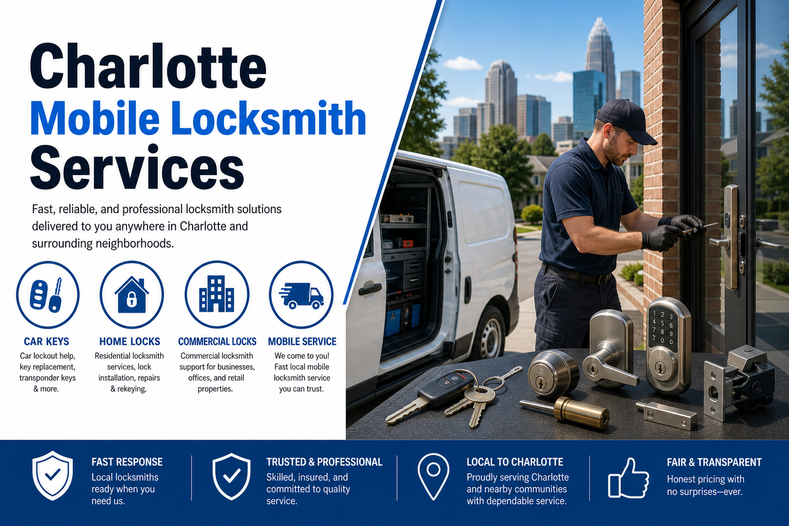 Mobile locksmith services for car lockouts residential commercial and emergency lock problems in Charlotte North Carolina