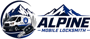 Alpine Mobile Locksmith logo featuring a mobile locksmith service van, key and mountain design
